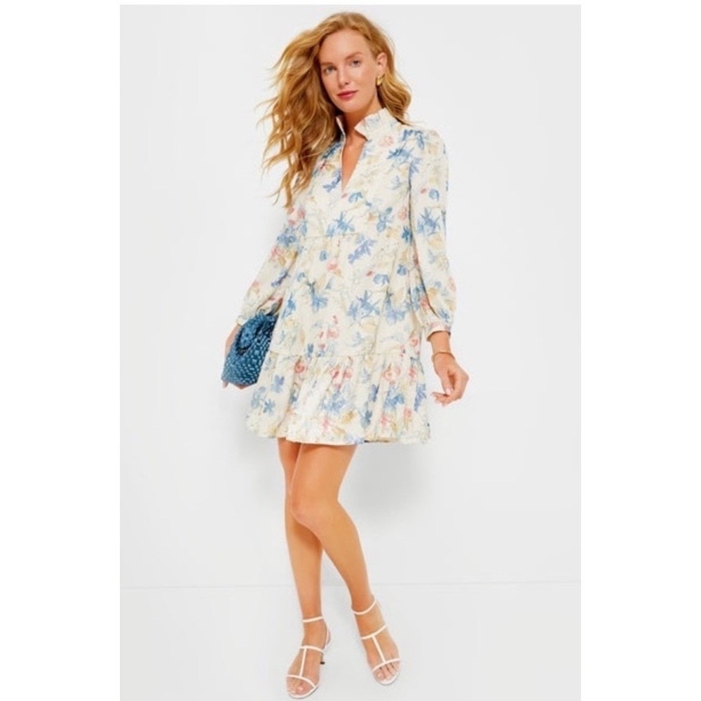 Tuckernuck Palmerston Lily of the Valley Floral Ruffle Dress Cream Blue L NWOT